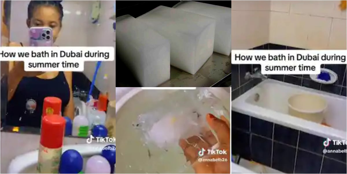"This is how we bath in Dubai" - Nigerian lady reveals ice block bathing saves them from hot weather