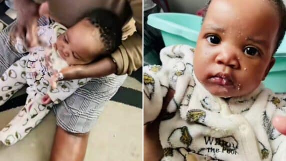 Nigerian lady stirs reactions with unique way of feeding her baby (video)