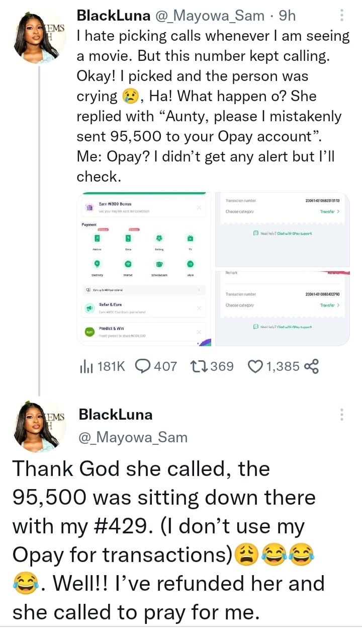 Lady refunds N95k mistakenly sent to her account