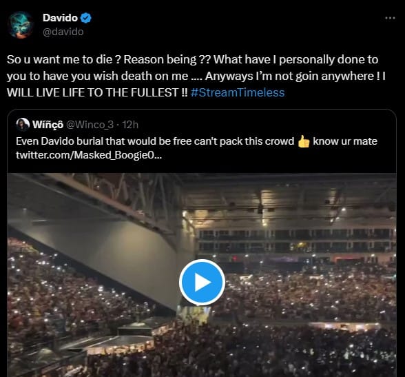 Davido angrily replies troll who wished for his death