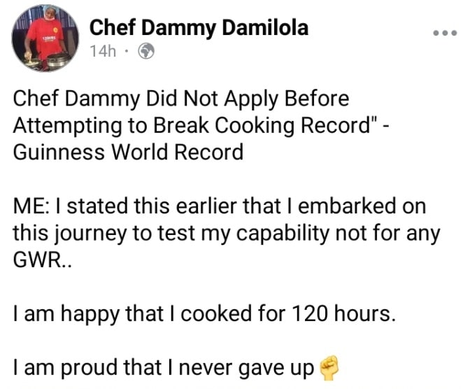 Chef Dammy reacts to reports on not registering cookathon with Guinness Records