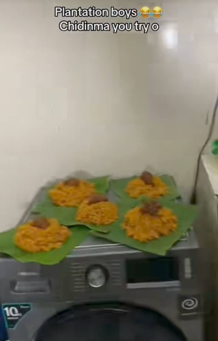 Drama as lady uses plantain leaves to serve her brothers food because they always refuse to wash plates (Video)