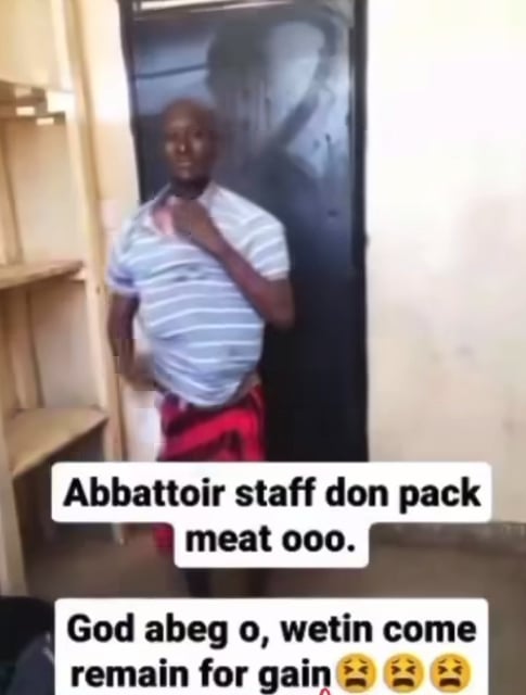 Abattoir staff nabbed with chunks of meat hidden under his t-shirt (Video)