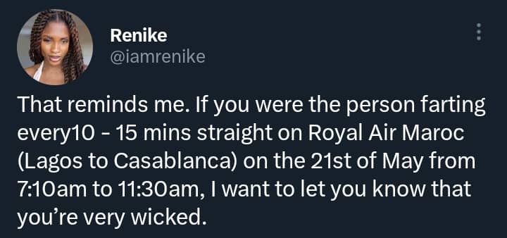 "This is unfair, I couldn't breathe" - Lady calls out co-passenger for farting consistently during flight from Lagos to Casablanca