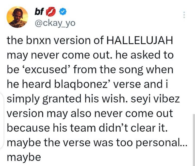 "Why Bnxn's and Seyi Vibez' version of 'Hallelujah' may never come out" — Ckay gives reasons, Bnxn responds