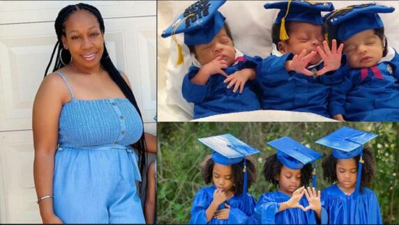 Mother recreates adorable photo of triplets as they graduates pre-school