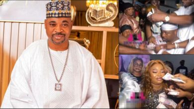 MC Oluomo’s children make money rain on him at first wife’s birthday party (Video)