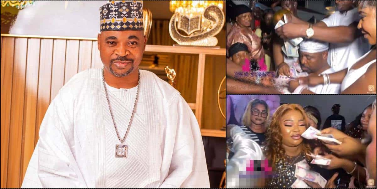 MC Oluomo’s children make money rain on him at first wife’s birthday party (Video)