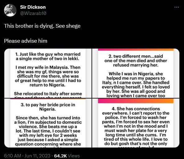 My wife beats me up, forces me to wash plate, pant — Italy based Nigerian cries for help