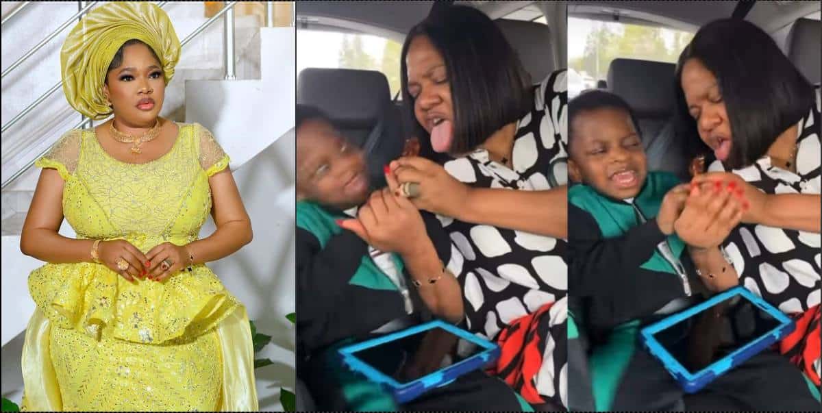 Mercy Aigbe, others react as Toyin Abraham and son fight over lollipop (Video)