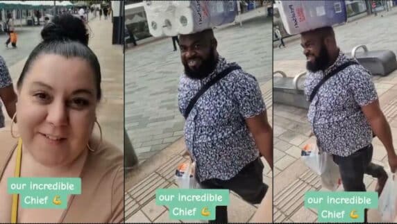 Wife gushes as Nigerian husband carries load on his head abroad (Video)