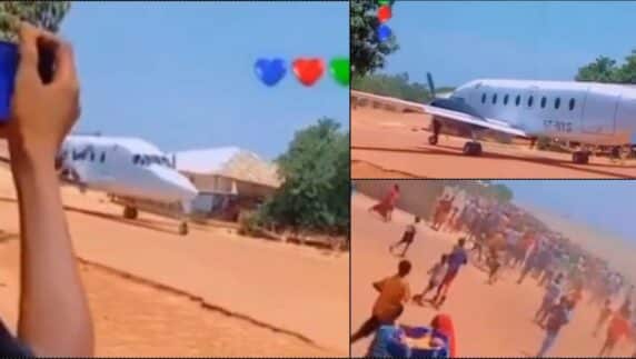 Mammoth crowd as man lands private jet in his village (Video)