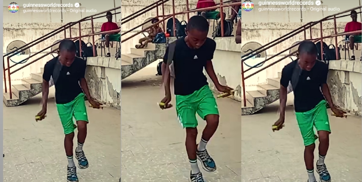 Nigerian boy makes history as he sets new Guinness World Record for skipping 153 times in 30 seconds on one foot (Video)