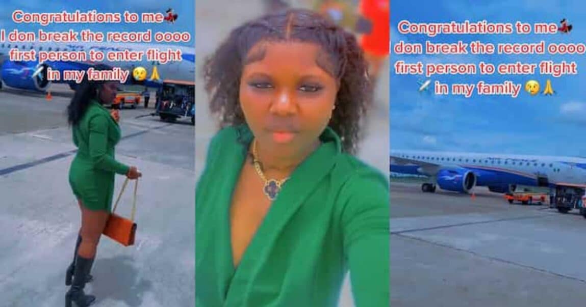 "I broke the record" - Lady becomes the first person in her family to fly in airplane, celebrates (Video)