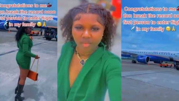 "I broke the record" - Lady becomes the first person in her family to fly in airplane, celebrates (Video)