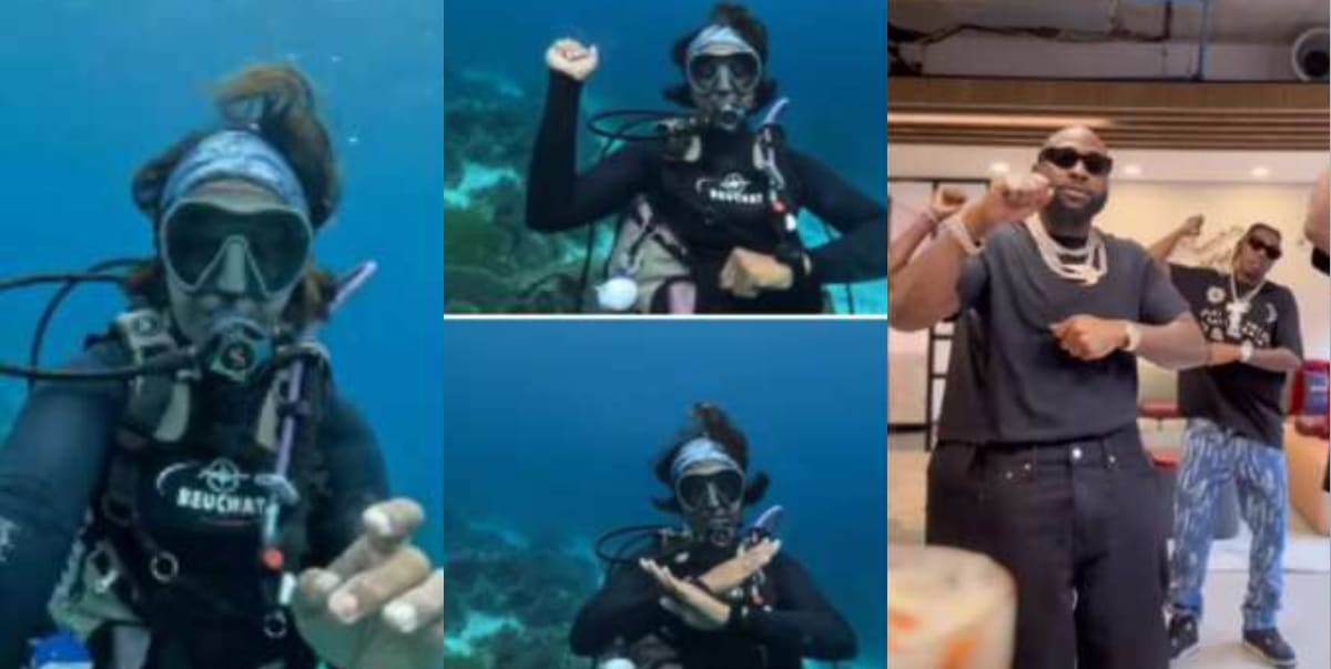 Oyinbo lady does Davido’s 'Unavailable Dance Challenge' inside ocean (Video) 