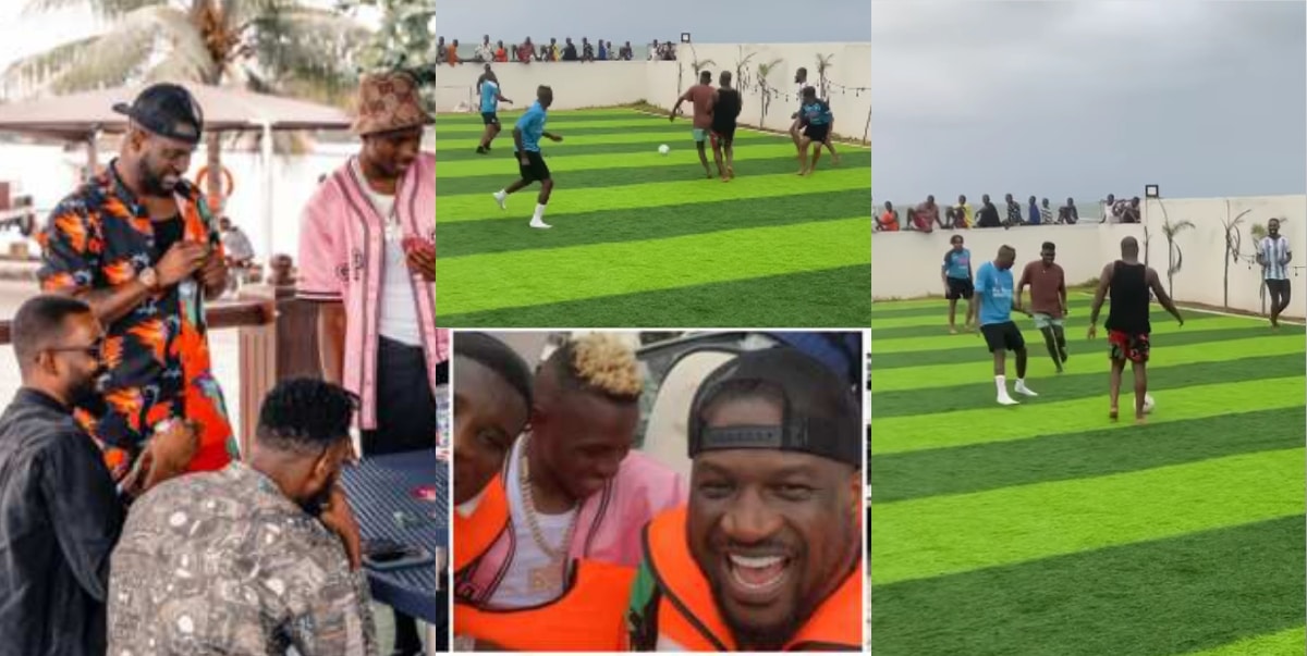 Osimhen plays football with Peter Okoye, Paul Ebere at Banana Island Pitch