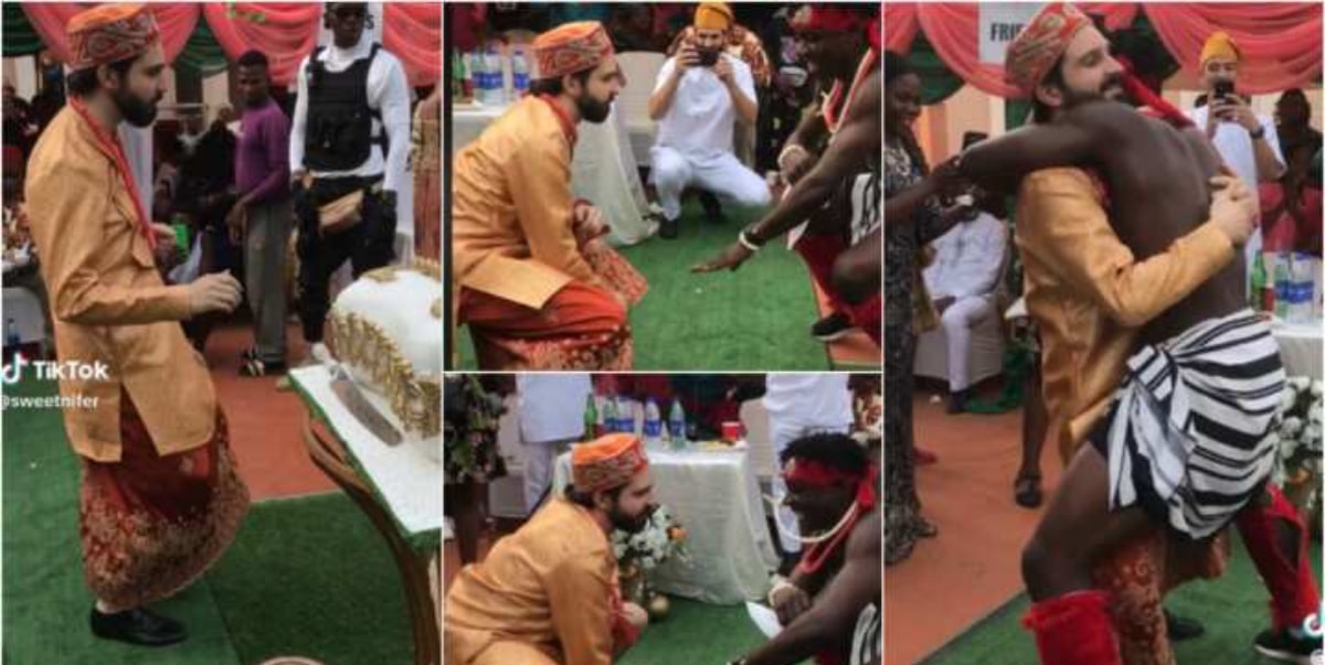 "Una don lock client give una sister marry" - Reaction as Oyinbo man embraces igbo culture, showcases impressive dance moves, and seamless blending at wedding (Video)