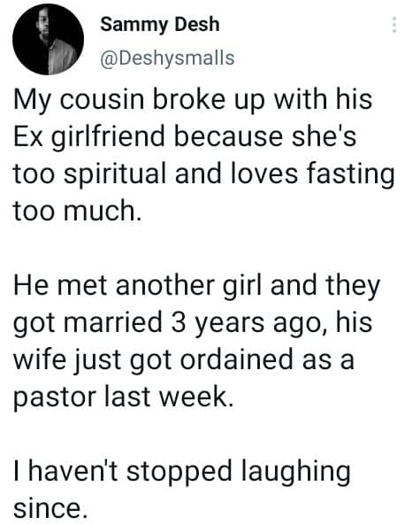 Man dumps girlfriend for being 'too spiritual, ends up with pastoress