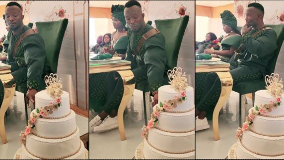 Moment groom couldn’t hold back from eating cake at his own wedding (Video)