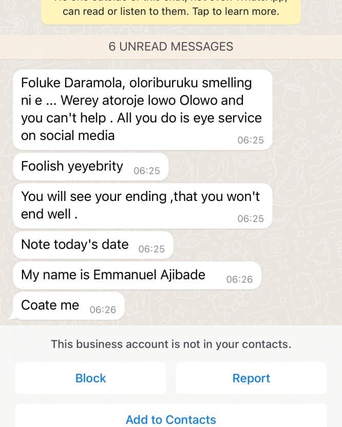 Foluke Daramola shares chat from troll who wished for her downfall