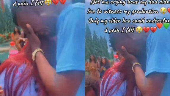 "My dad didn't live to see my graduation" – Lady and elder bro break down in tears during her sign out (Video)