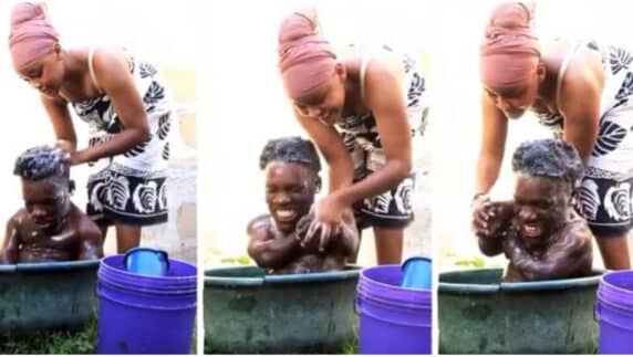 "True love" - Reactions as lady puts small man inside plastic bowl, baths him like a baby