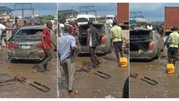 Nigerian man converts fuel car to use gas, regrets decision as the car catches fire on highway (Video)