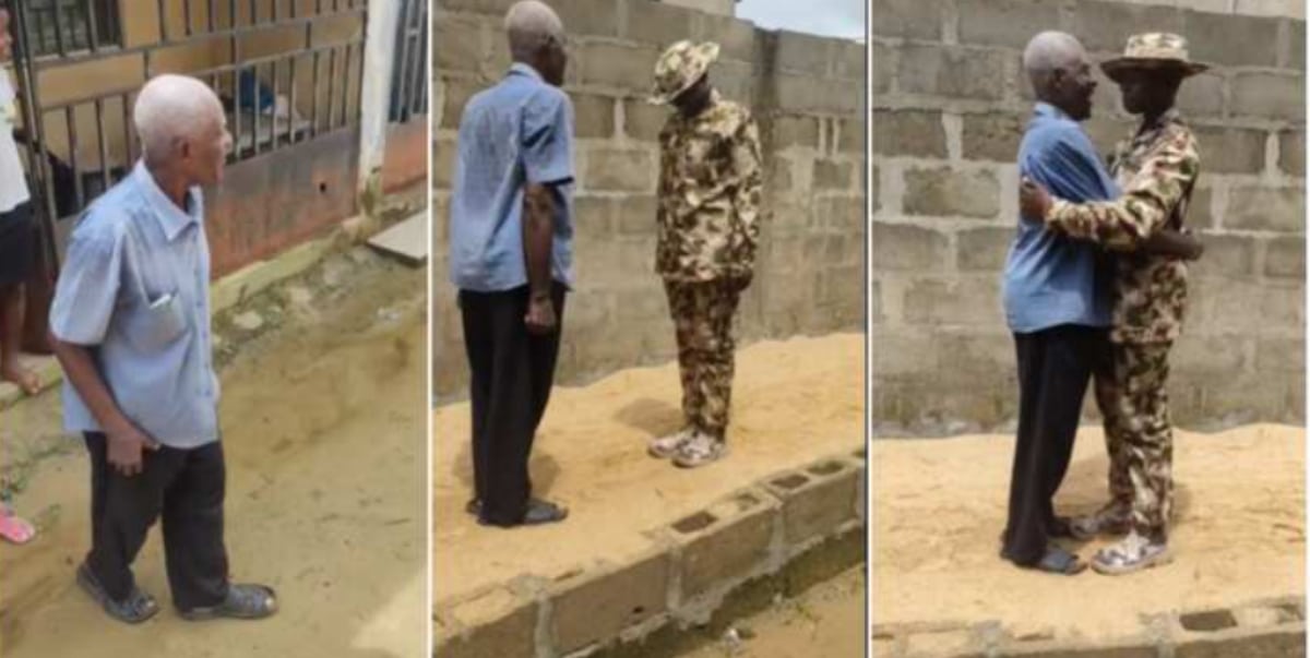 Female soldier marches towards grandpa, their heartfelt salute steals hearts