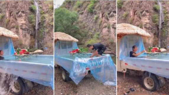 "Enjoyment no pass this one"- Reactions as man lays big nylon on pickup car, turns into a swimming pool (Video)