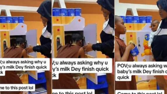 "No wonder my baby milk dey quick finish" - Nigerian mum catches house help licking her baby's milk with head inside cupboard (Video)