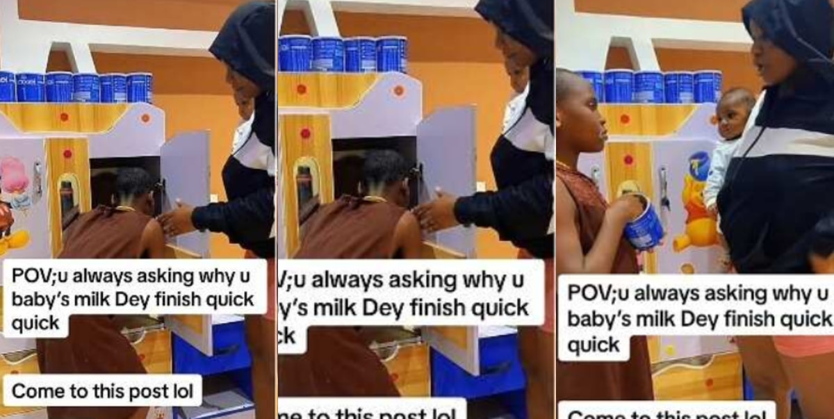 "No wonder my baby milk dey quick finish" - Nigerian mum catches house help licking her baby's milk with head inside cupboard (Video)