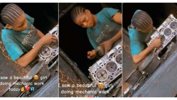 Beautiful Nigerian girl caught on camera fixing engines at mechanic workshop (Video)