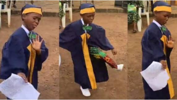 Little boy celebrates with joyous dance as he finishes his primary school education (Video)