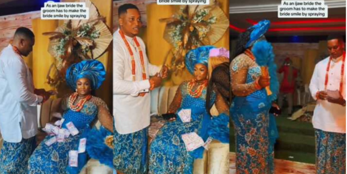 Moment determined groom showers bride with money to make her smile on wedding day; friends join in to help (Video)