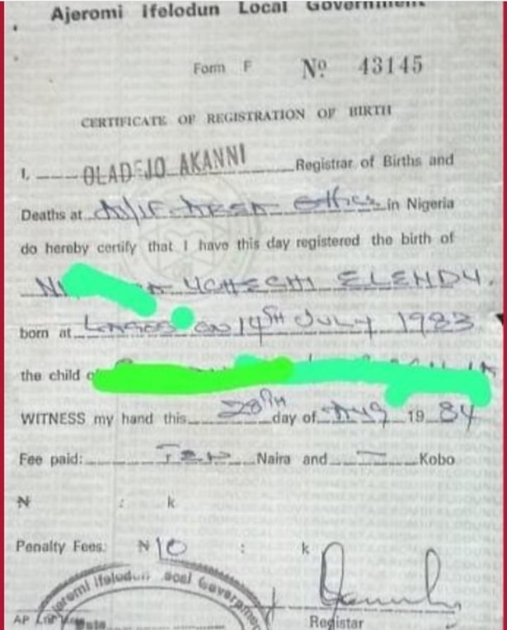 Uche Elendu's leaked birth certificate
