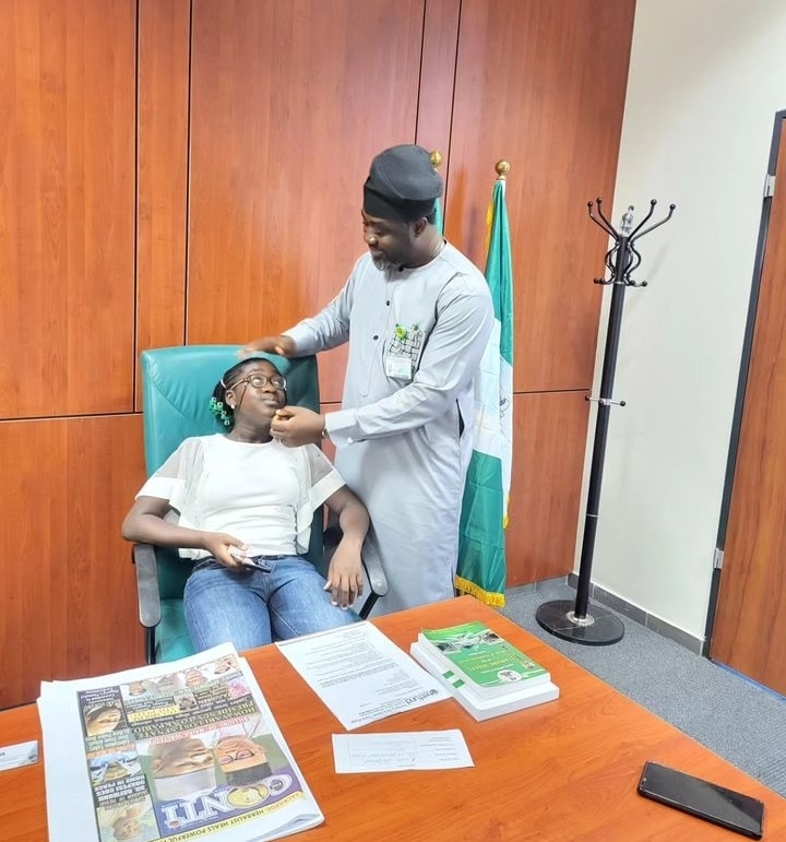 Mercy Johnson Okojie's first daughter Purity storms dad's office