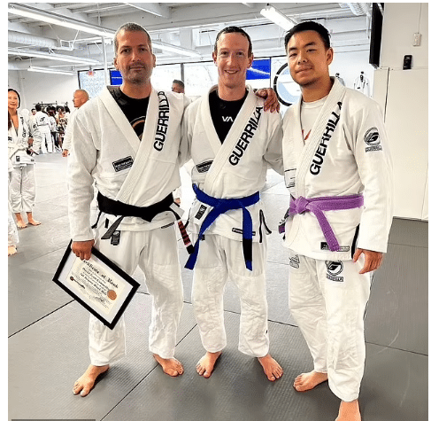 Mark Zuckerberg earns blue belt in jiu-jitsu as he continues to prepare for potential battle with Elon Musk.