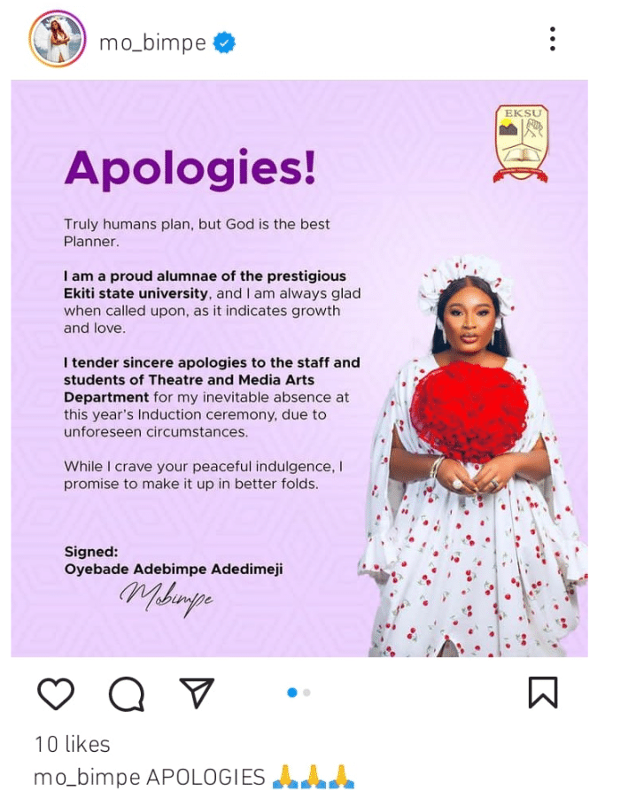 Mo Bimpe begs forgiveness from Alma Mater Ekiti State University