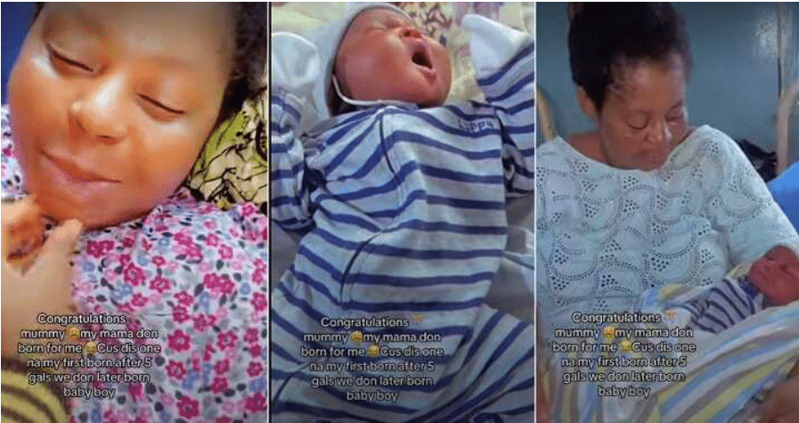 Nigerian woman rejoices as baby boy joins family after many years of having five daughters