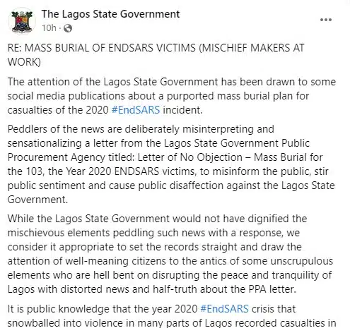 "Casualties not from Lekki" — Lagos State Gov. debunks mass burial of EndSARs victims