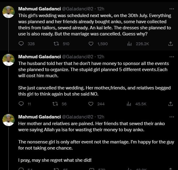 Bride cancels wedding as groom laments cost of five booked events