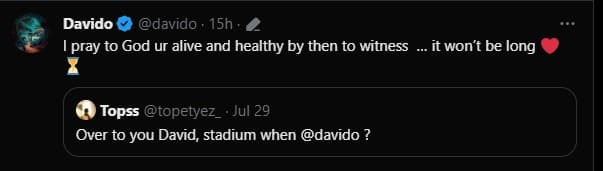 Davido replies troll who asked when he intends to sell-out a stadium like Wizkid did