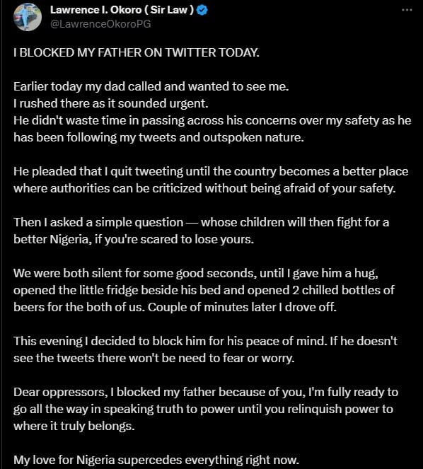 Man blocks his father on Twitter over concerns about his political view