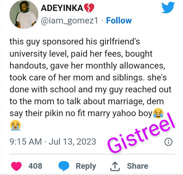 "You be yahoo boy, she no fit marry you" - Girlfriend's mother rejects marriage after man sponsored daughter's education