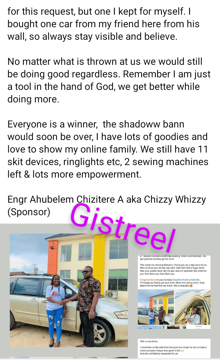 Influencer grants female follower's wish with car gift