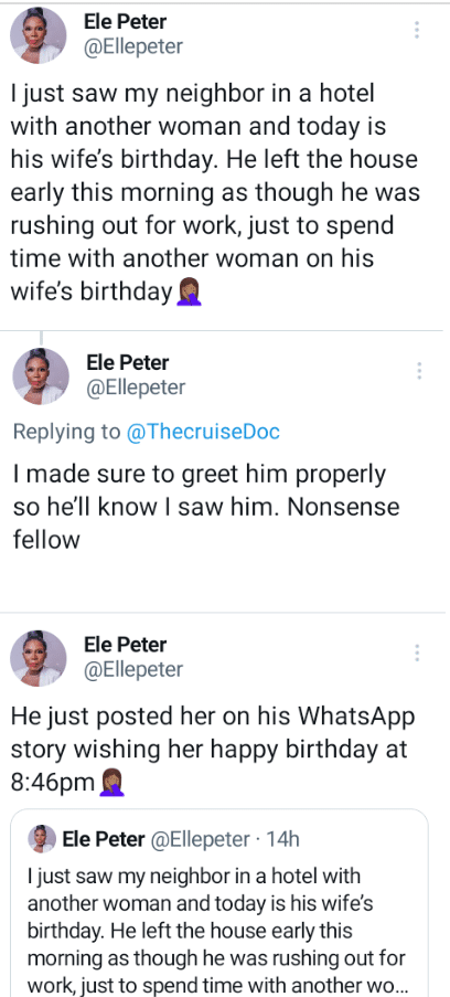 Nigerian Lady spots neighbor with another woman in hotel on wife's birthday