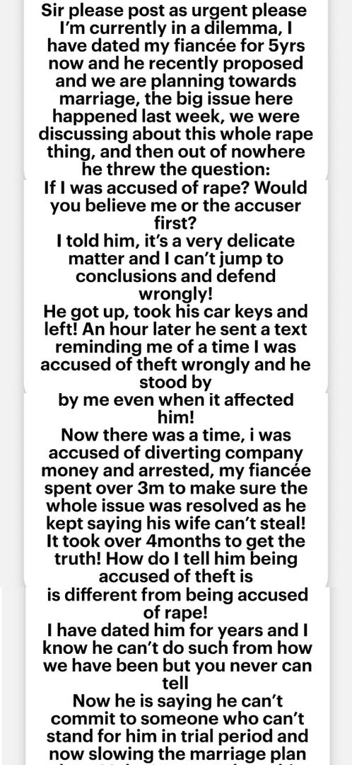 Man slows down wedding plan over fiancee's shocking response on 'rape allegation' debate