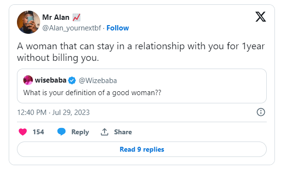 A good woman is someone who can stay a year without billing her boyfriend – Man claims