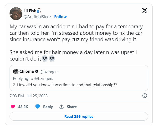 Nigerian man ends relationship with girlfriend over hair money demand hours after his car crashed